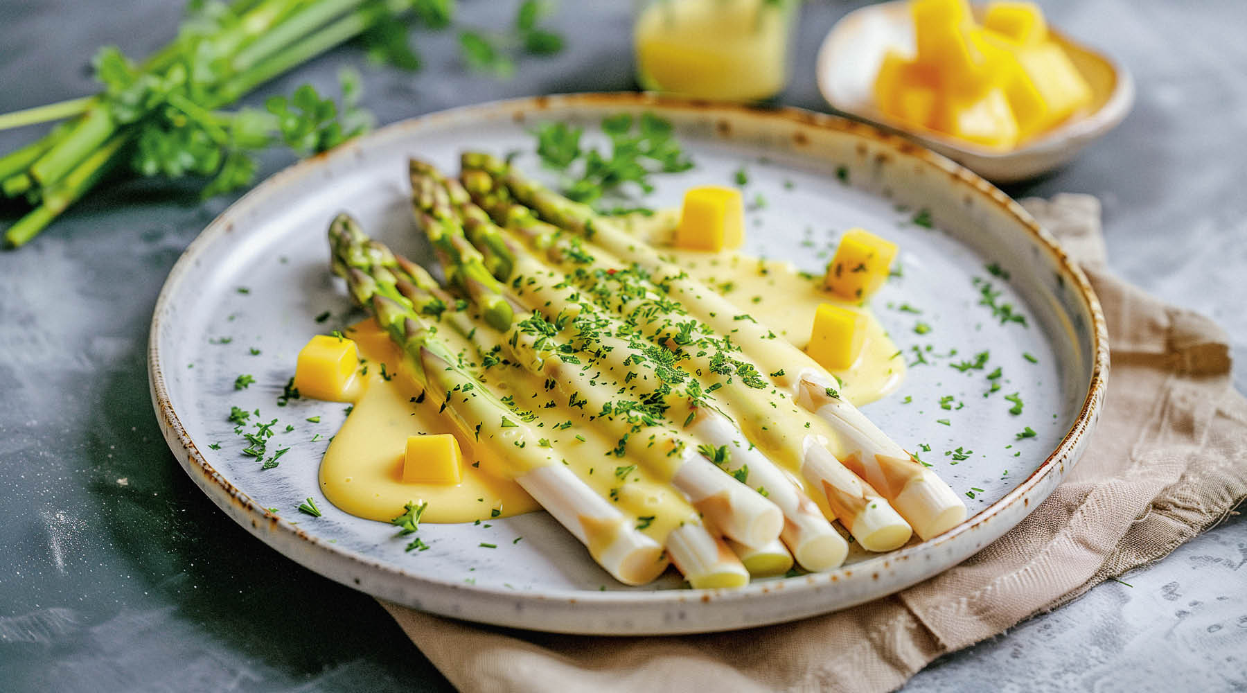 Wajos Mango Hollandaise Rezept mit Spargel und Mangostücken