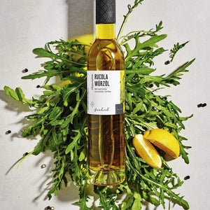 Rucola Würzöl in 250 ml Flasche dargestellt mit Aromen