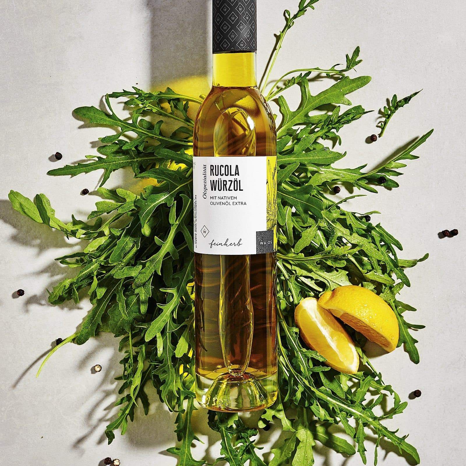 Rucola Würzöl in 250 ml Flasche dargestellt mit Aromen
