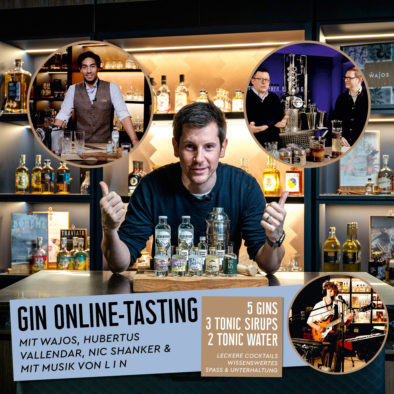 Produkte Gin Tasting Set und Bilder von beteiligten Personen