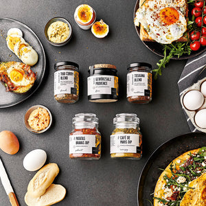 Ei Allrounder Set - 5 Gewürzmischungen liegend und Eierspeisen