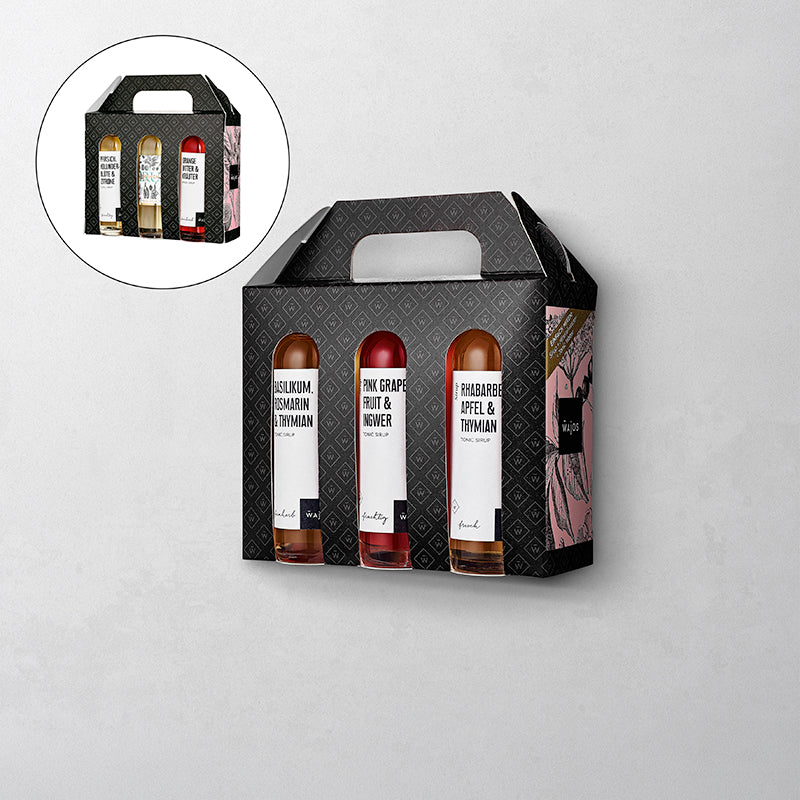 6 Tonic Sirups in 40 ml Flaschen in Geschenkkartonage Abbildung Vorder- und Rückseite