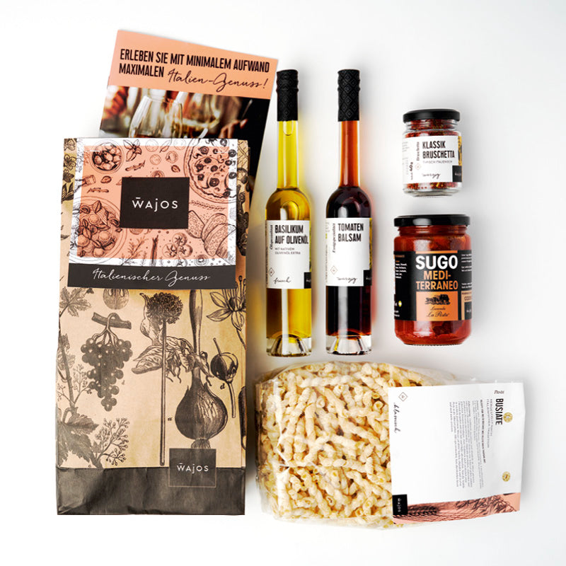 Geschenkset Italienische Spezialitäten liegend - 5 Produkte Geschenktüte und Rezeptflyer