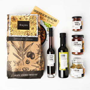 Geschenkset Spanische Spezialitäten liegend - 5 Produkte Geschenktüte und Rezeptflyer