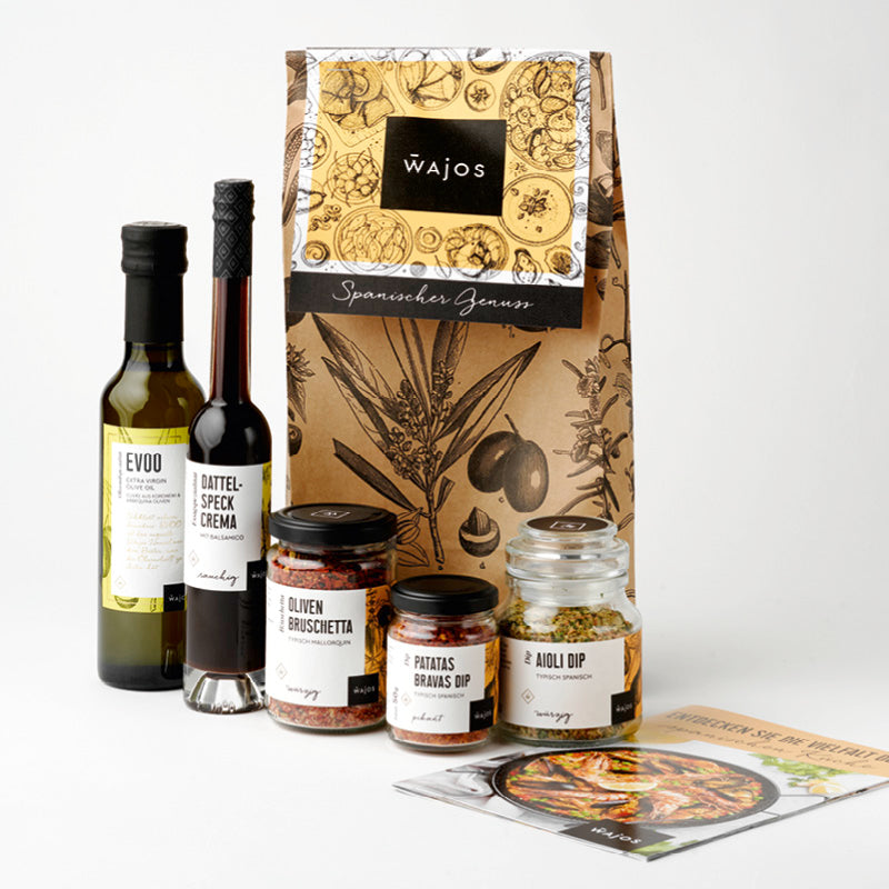Geschenkset Spanische Spezialitäten stehend - 5 Produkte Geschenktüte und Rezeptflyer