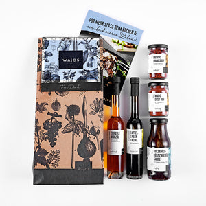 Geschenkset für Männer liegend - 5 Produkte Geschenktüte und Rezeptflyer