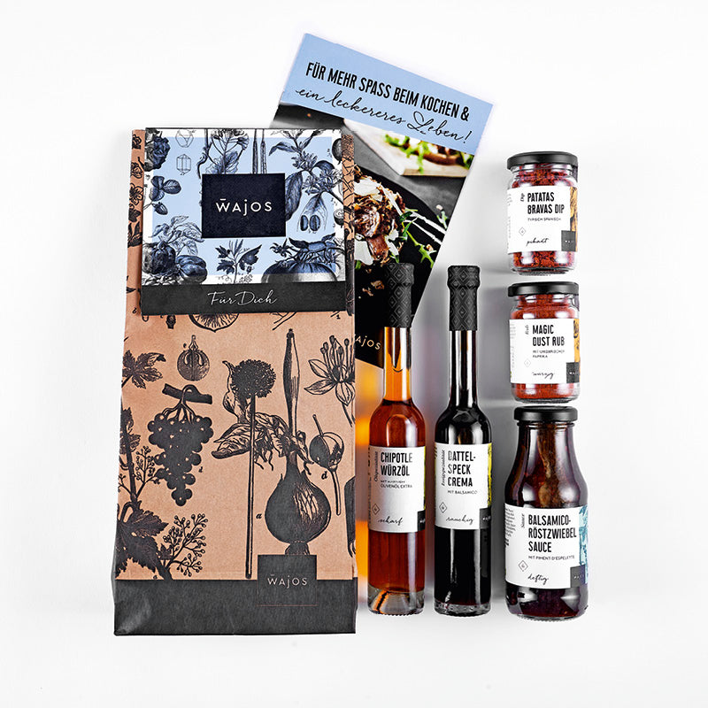 Geschenkset für Männer liegend - 5 Produkte Geschenktüte und Rezeptflyer