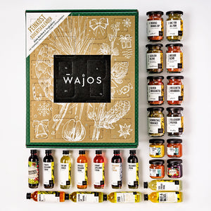 Wajos Gourmet- und Gewürz-Adventskalender 2026 dargestellt mit Produkten