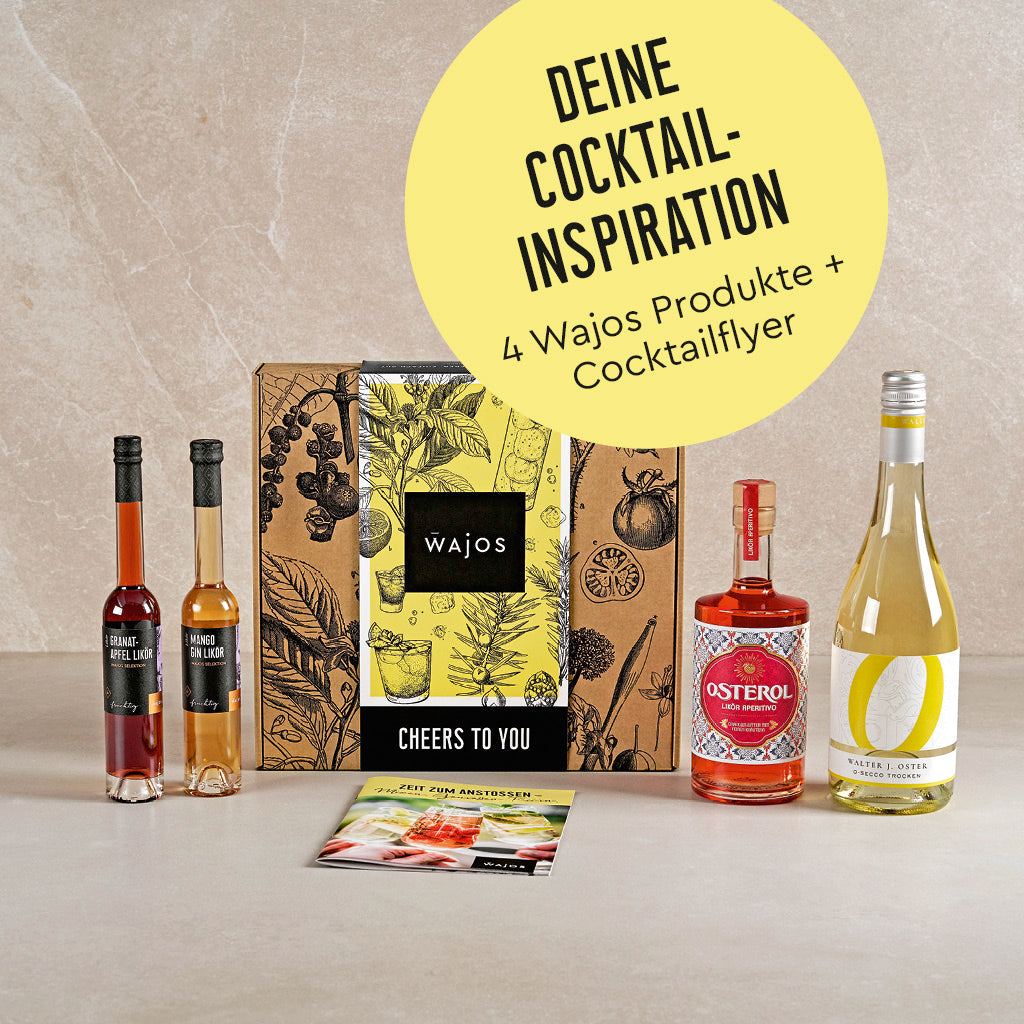 Wajos Geschenkset Cheers mit Produkten stehend