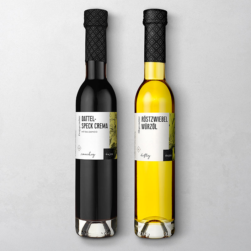 Dressing-Duo Freisteller Dattel-Speck Crema und Röstzwiebel Würzöl
