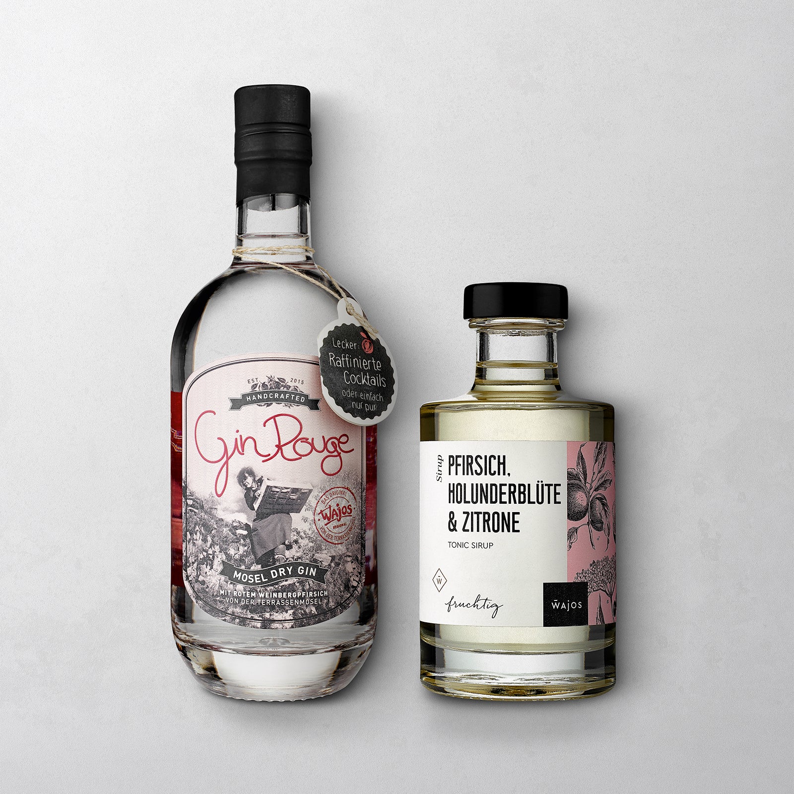 2er Set - Gin Rouge in 500 ml Flasche und Pfirsich, Holunderblüte & Zitrone Tonic Sirup in 200 ml Flasche