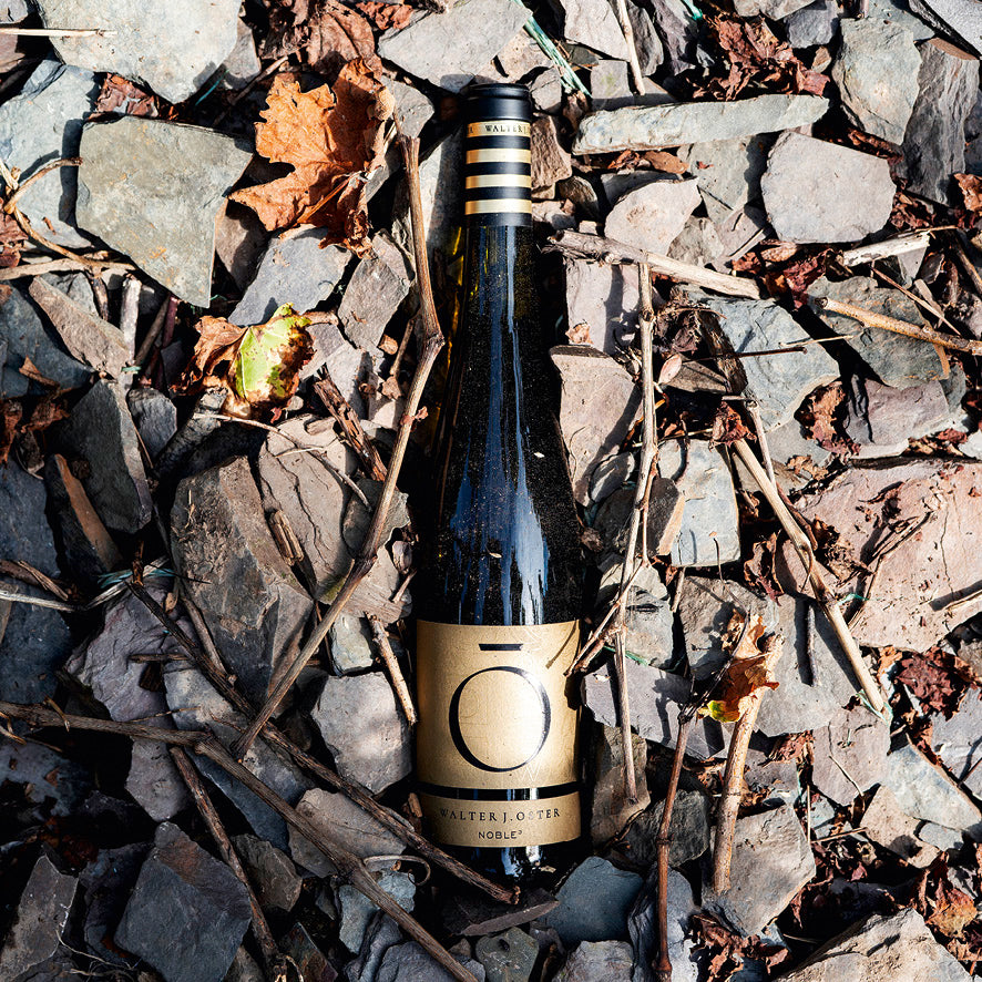 2021 Riesling Noble süss liegend dargestellt auf Schieferboden