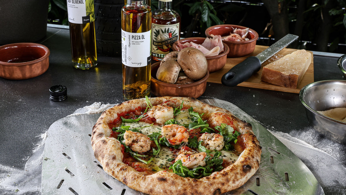 Pizza mit Garnelen, Rucola & selbstgemachtem Pizzateig