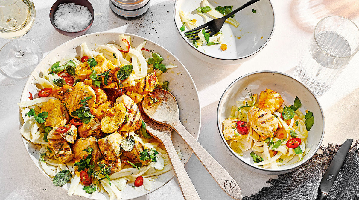 Fenchel-Salat mit Safran Hähnchen Rezept. 