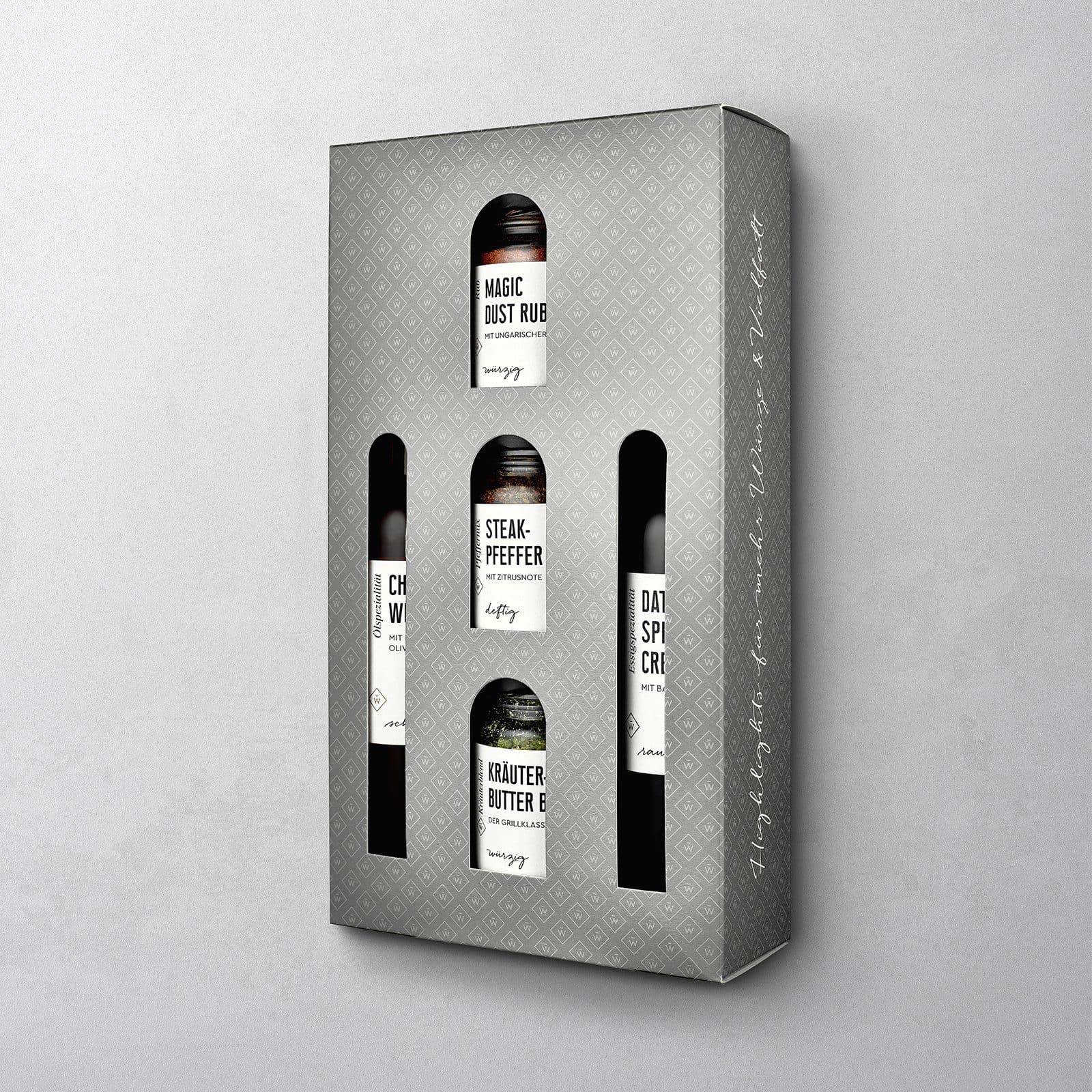 Geschenkset für Grillmeister - 5 Produkte in grauer Geschenkkartonage