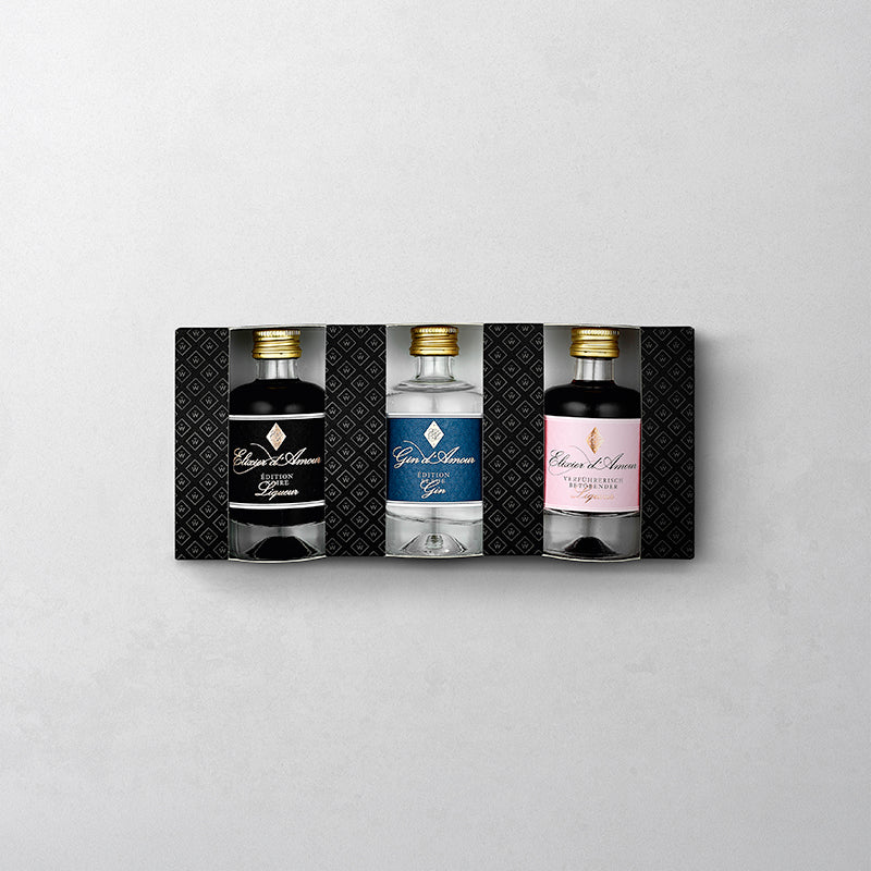 Elixier d´Amour Liköre in 40 ml Flaschen und Geschenkkartonage