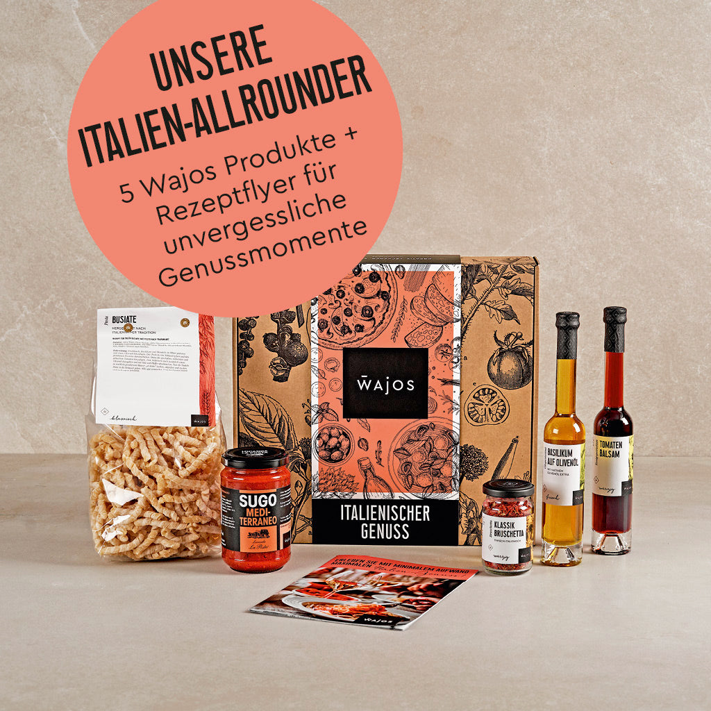Wajos Geschenkset Italien mit Produkten stehend