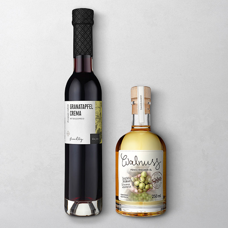 Dressing Duo Freisteller Granatapfel Crema und Walnuss Feinschmecker Öl 